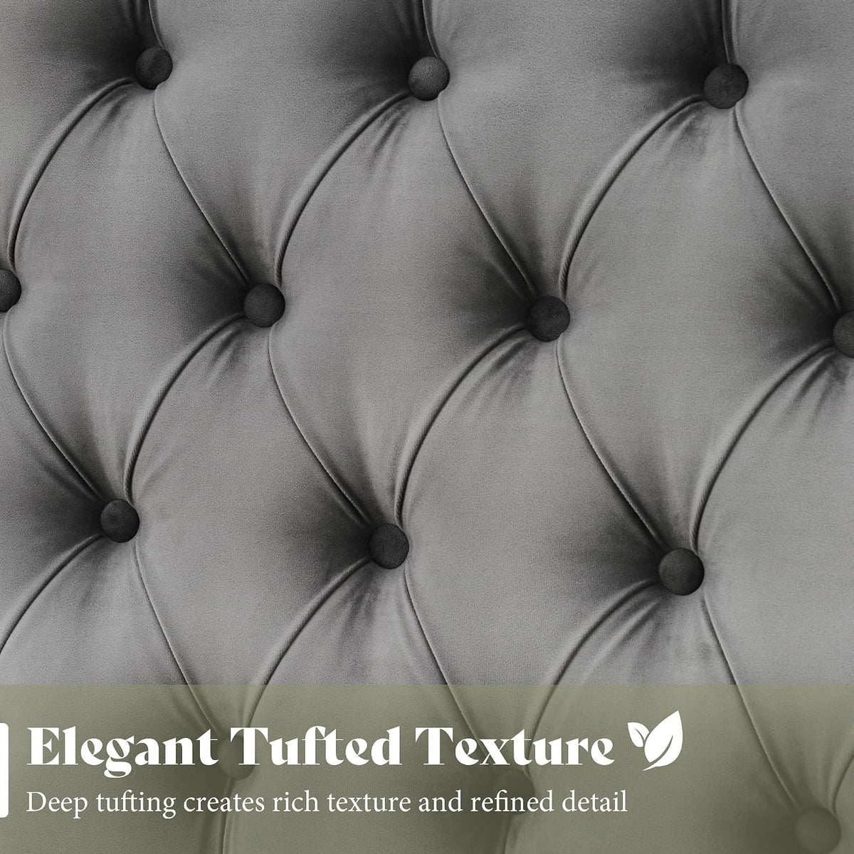 Detail close-up of gray velvet button tufting texture on the headboard