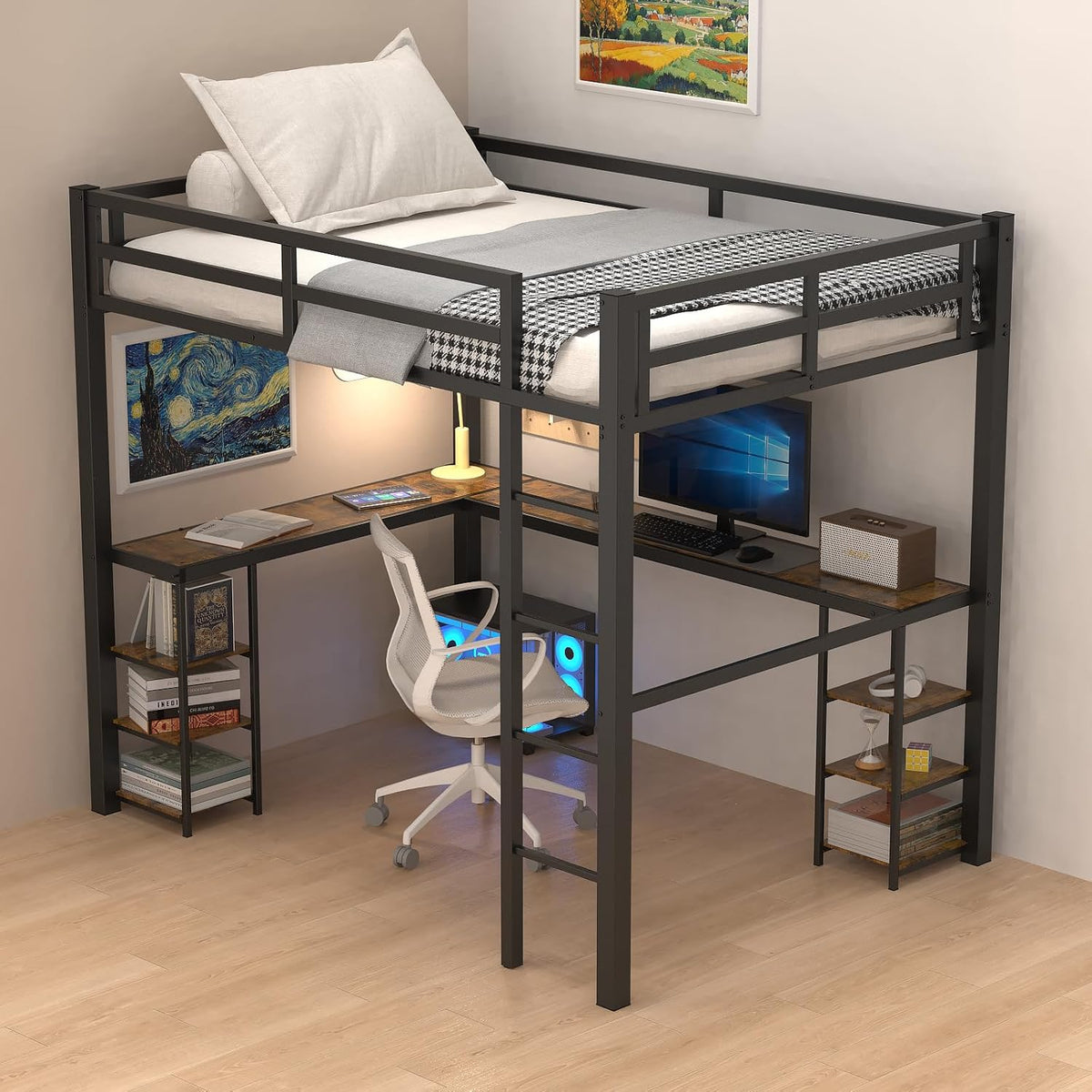 Close angled view of the metal loft bed showing mattress with guardrails, L-shaped workspace, monitor, desk chair and small