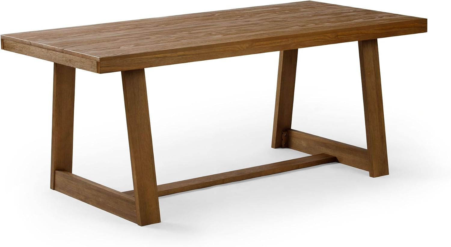 Three-quarter angle of the full pine dining table with thick plank top and A-frame legs