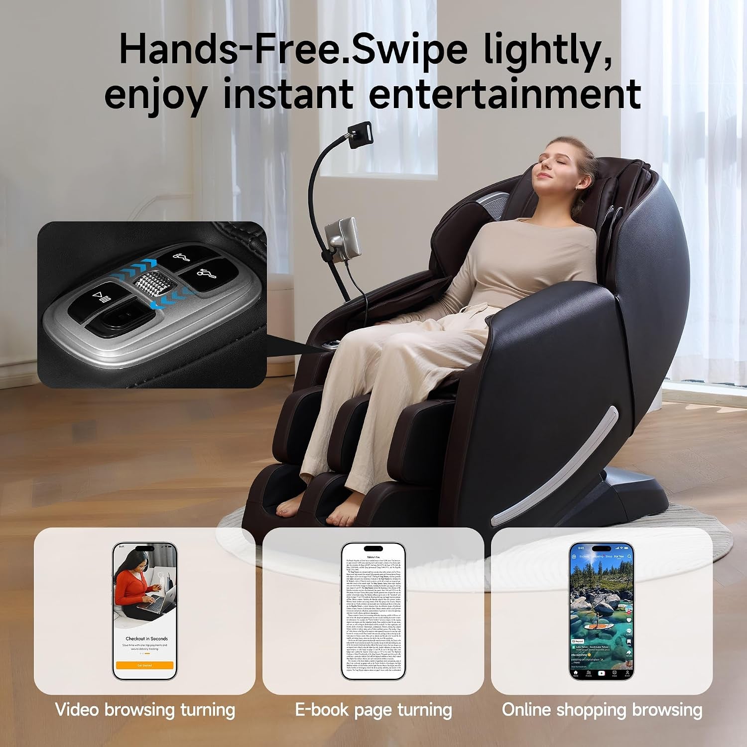 Person reclining in a massage chair demonstrating hands-free phone use for video, e-book and online shopping