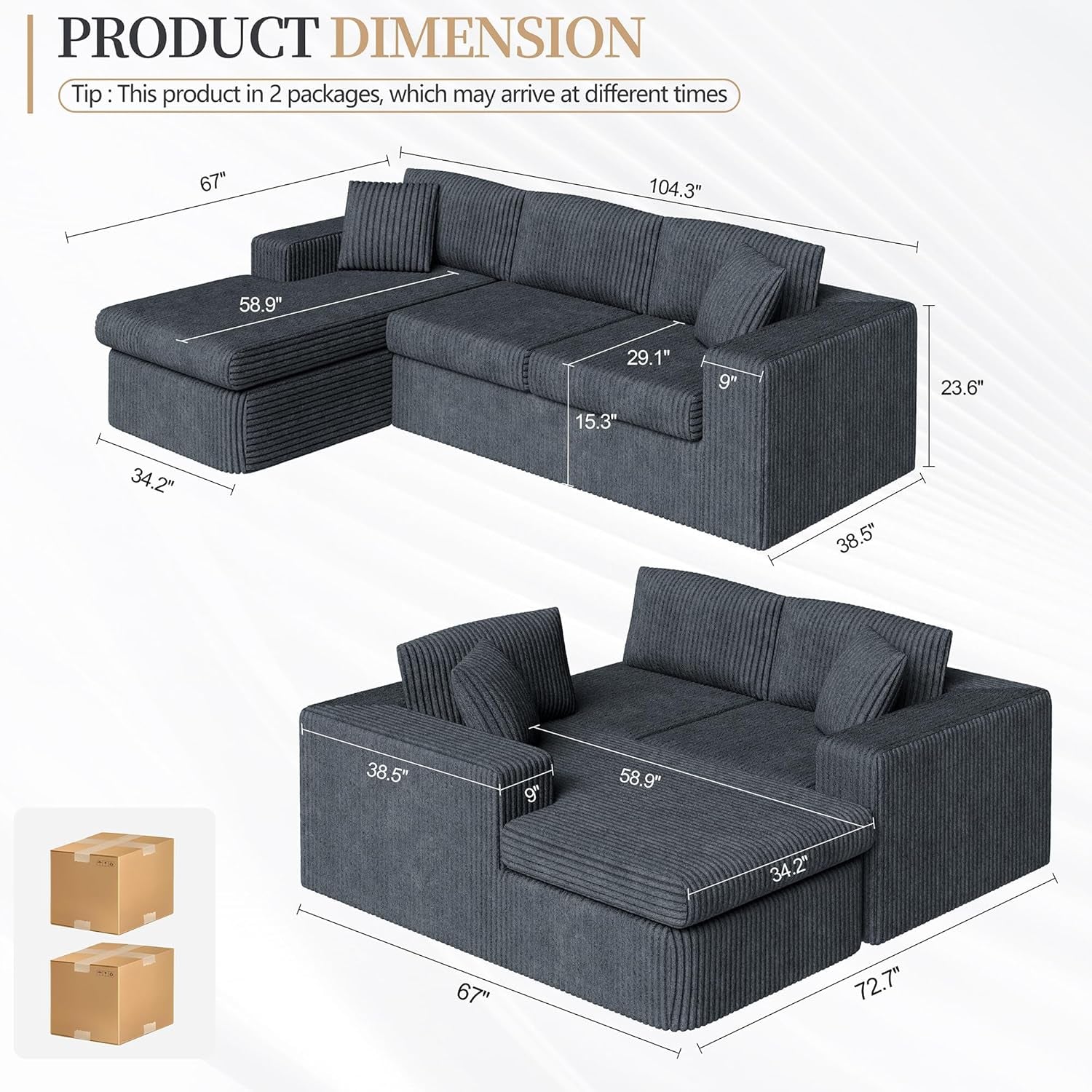 105" Boneless Couches for Living Room,Sectional Couches Modular Sofa with L-Shaped Chaise, Memory Foam Comfy Cloud Couch with Plush Corduroy Fabric, No Assembly Required, (Dark Grey)