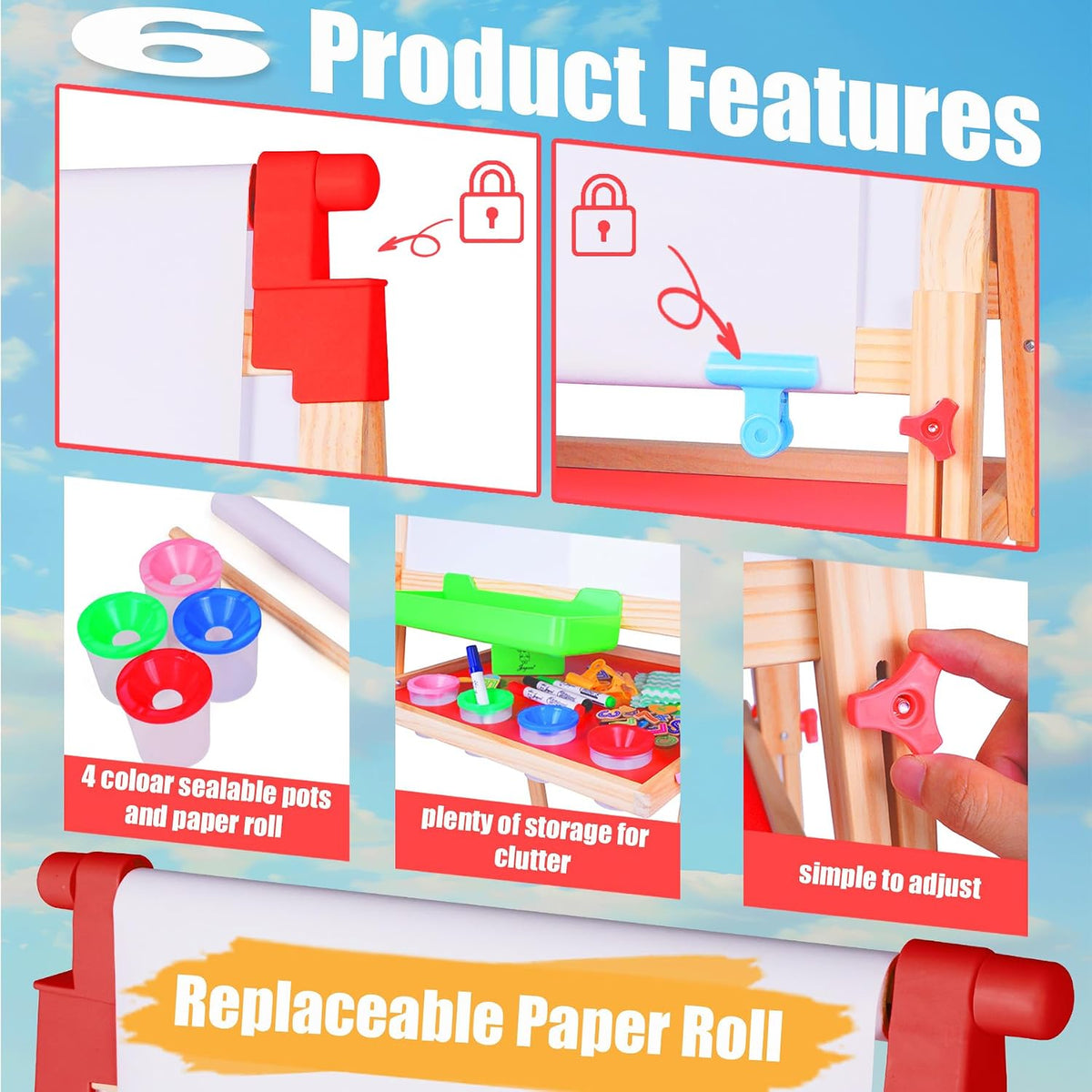Collage of easel features showing red plastic corner clips, storage tray with paint pots, and adjustment knob.