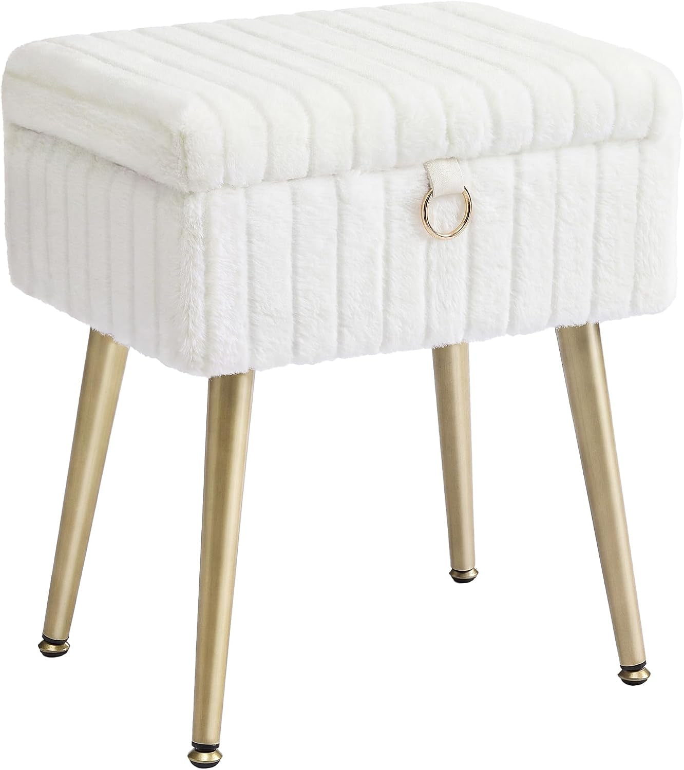 White rectangular plush vanity stool with gold tapered legs and a small gold ring pull on front