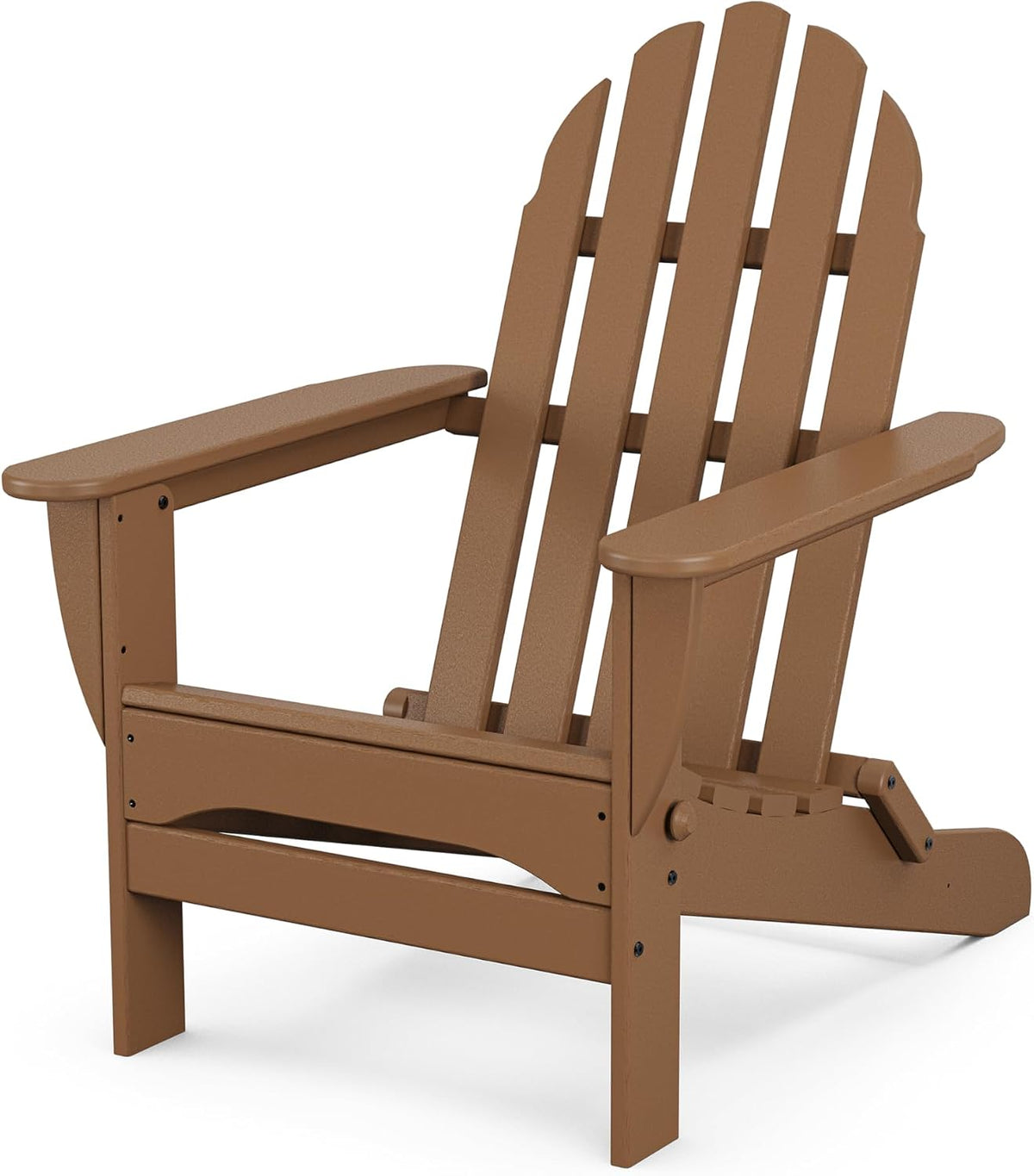 Front-quarter view of a tan Adirondack chair showing curved back slats and base support.