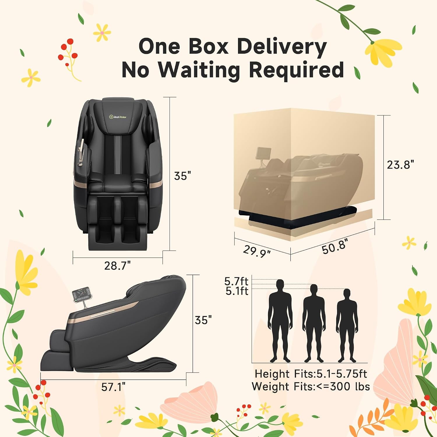Infographic showing front and side dimensions 28.7" × 57.1" × 35" and height suitability diagram