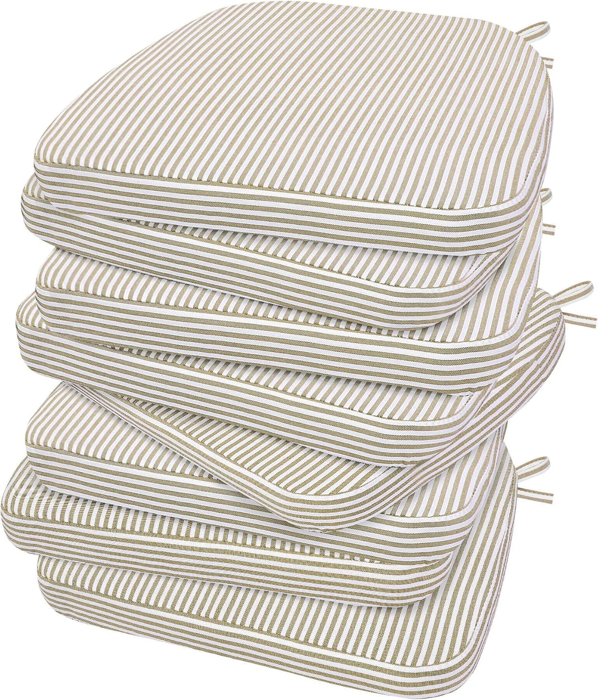 Tall vertical stack of six narrow beige-and-white striped D-shaped cushions photographed from the front-right.