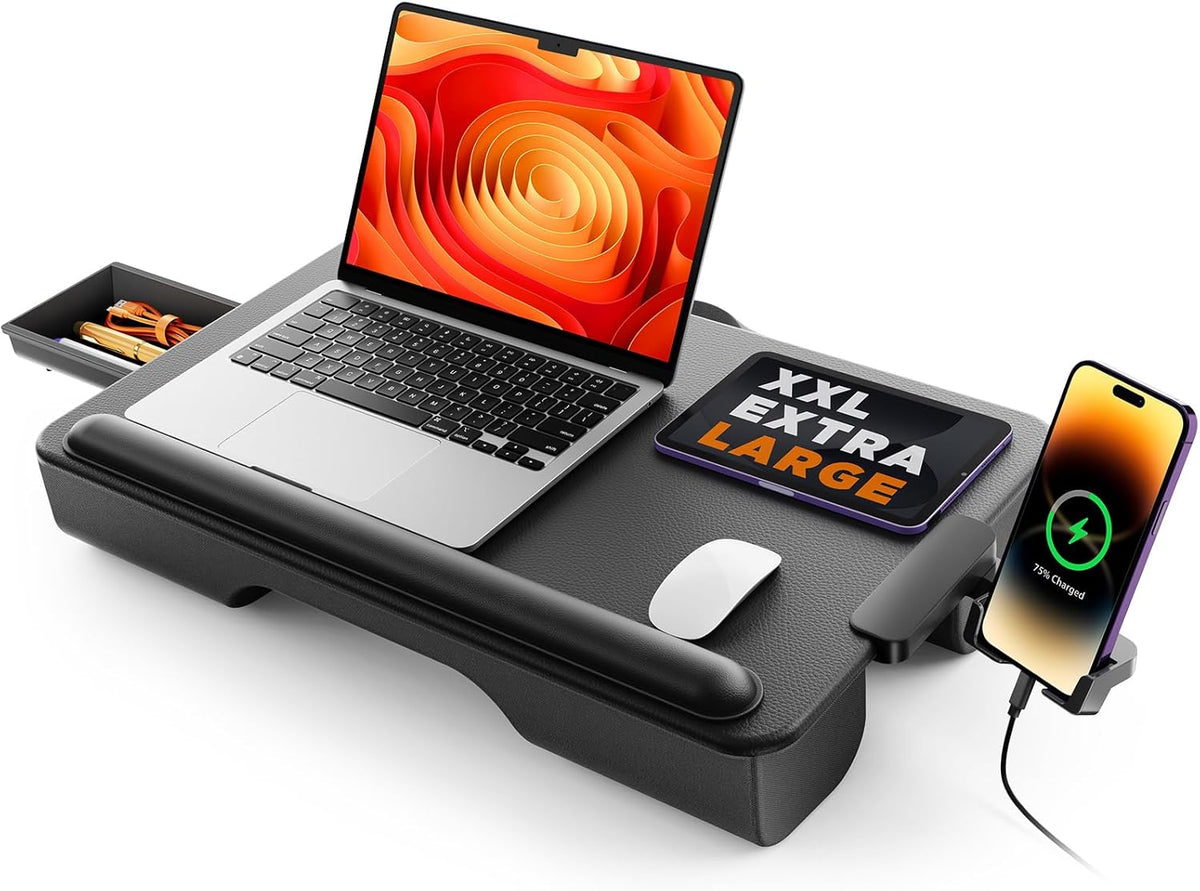 Black lap desk shown with laptop, tablet, mouse, phone on a white background, storage tray pulled out