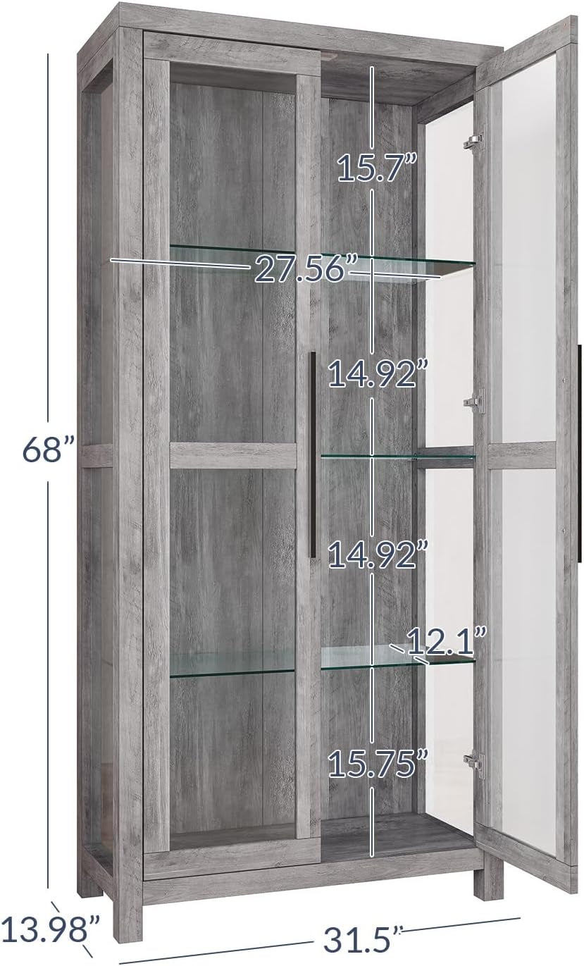 Gray wash display cabinet with overlayed interior shelf measurements and overall height callouts
