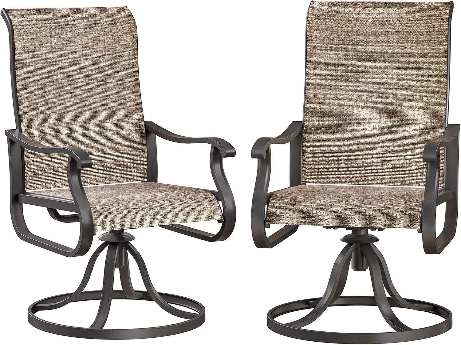 Two high-back swivel rocking patio dining chairs in brown Textilene shown front and side on a white background