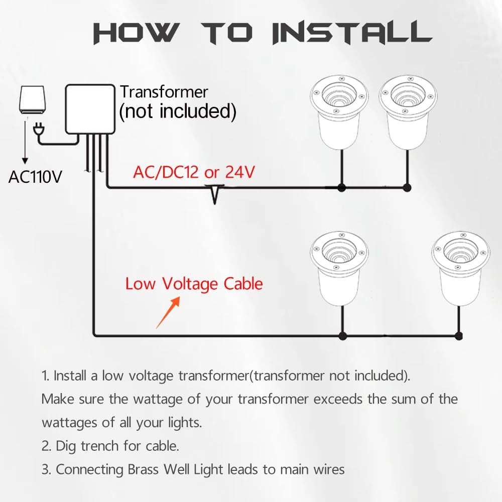 Black-and-white wiring diagram illustrating multiple in-ground fixtures tied to a low-voltage transformer.