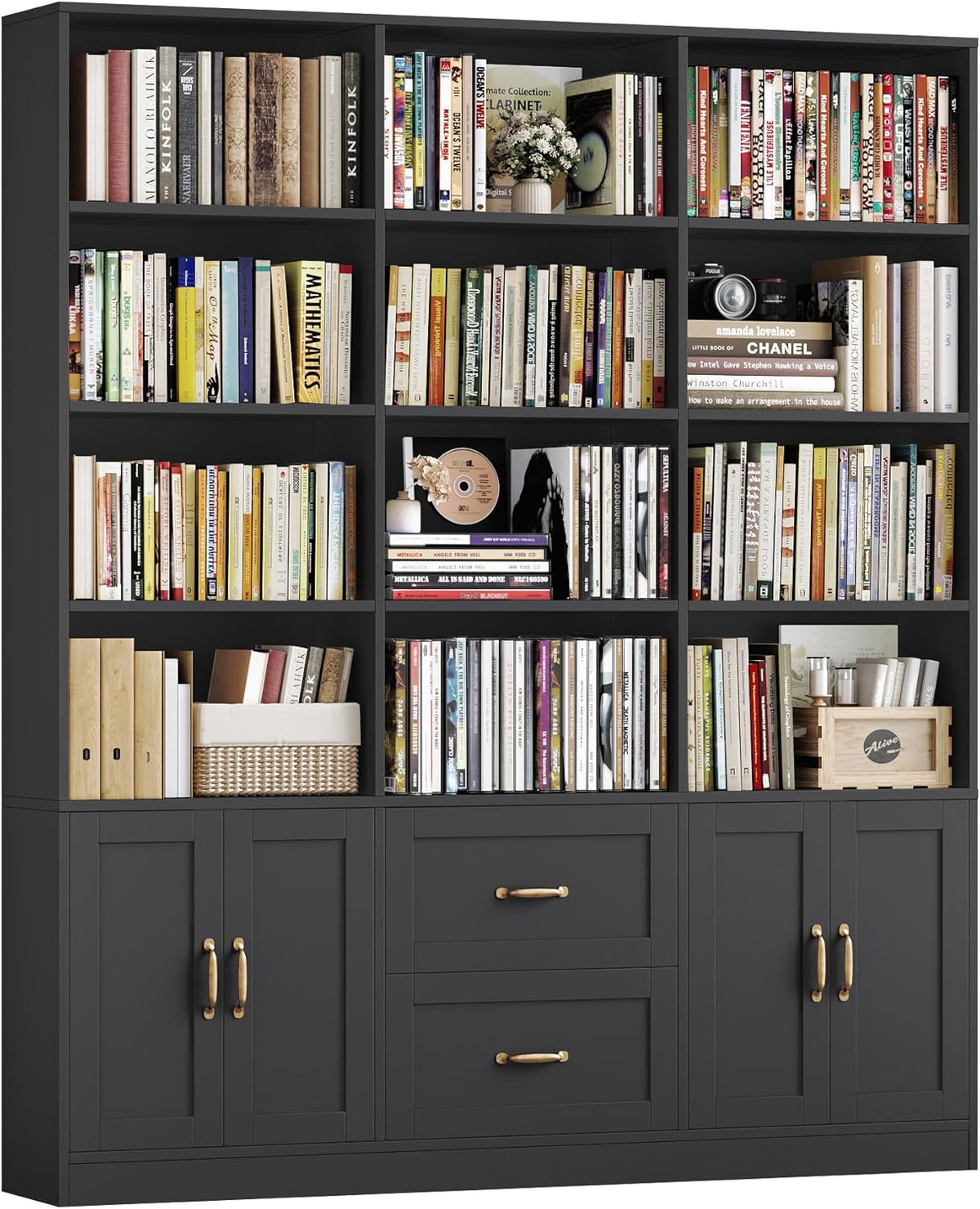 Full black triple-wide bookshelf with open shelves, two center drawers and four lower cabinets