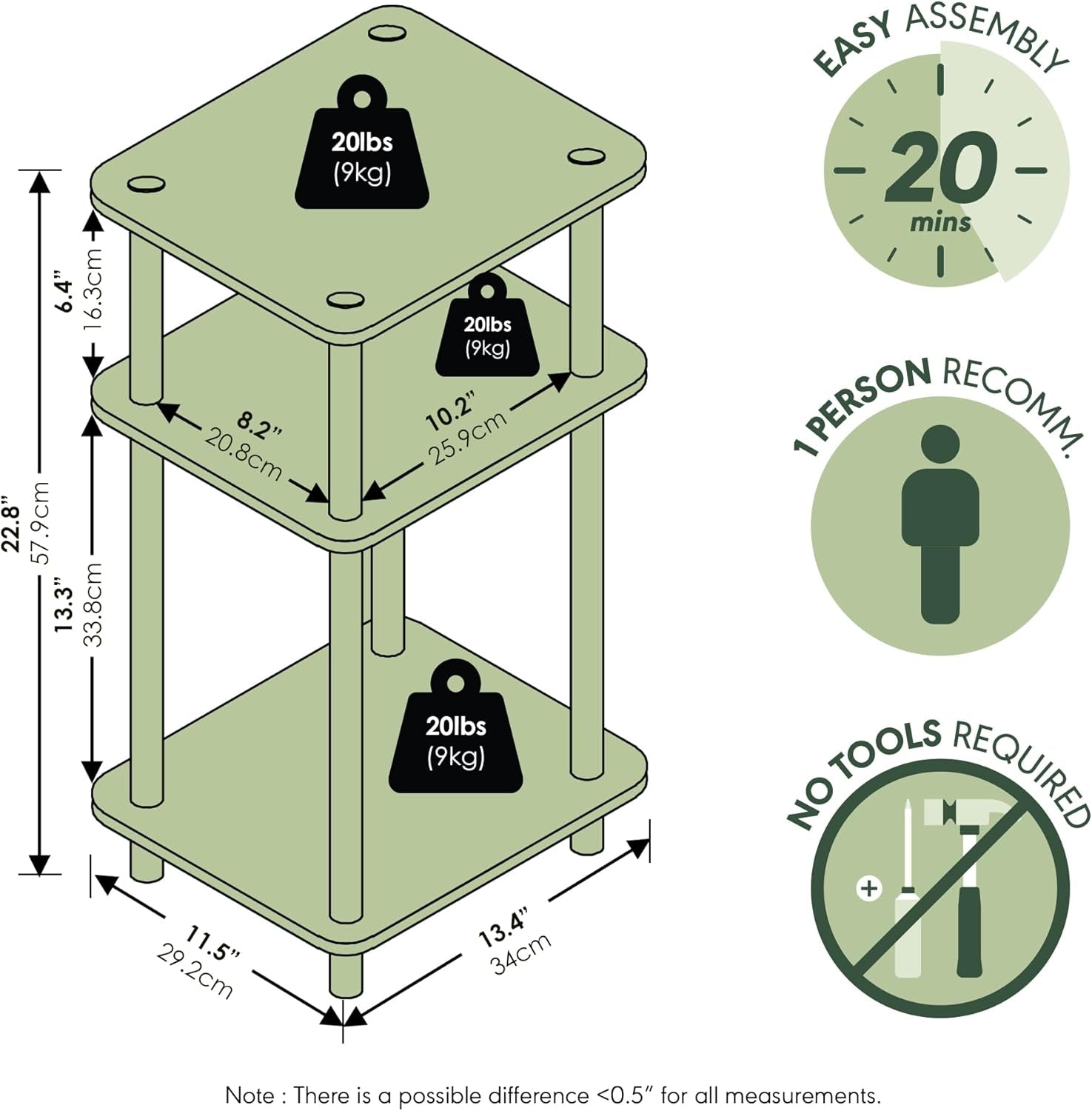 Illustrated dimensions and weight icons for the three-tier end table with arrows pointing to shelves