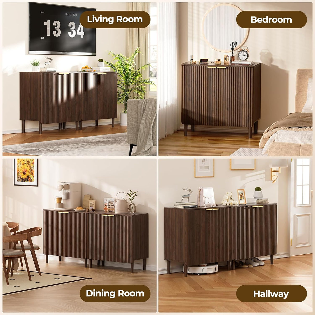 Four-panel collage showing the same dark walnut slatted storage cabinet placed in living room, bedroom, dining room, and