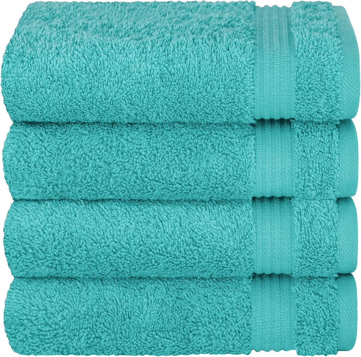 Three folded turquoise towels stacked vertically, showing textured pile and ribbed border on one side