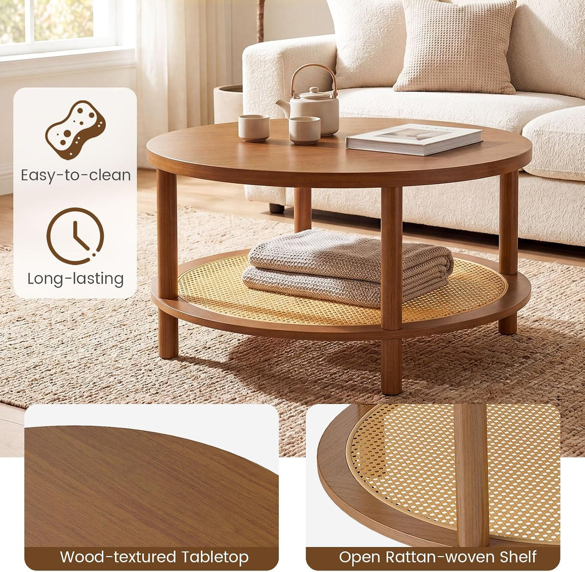Round brown rattan coffee table in a living room with sofa and teapot on top