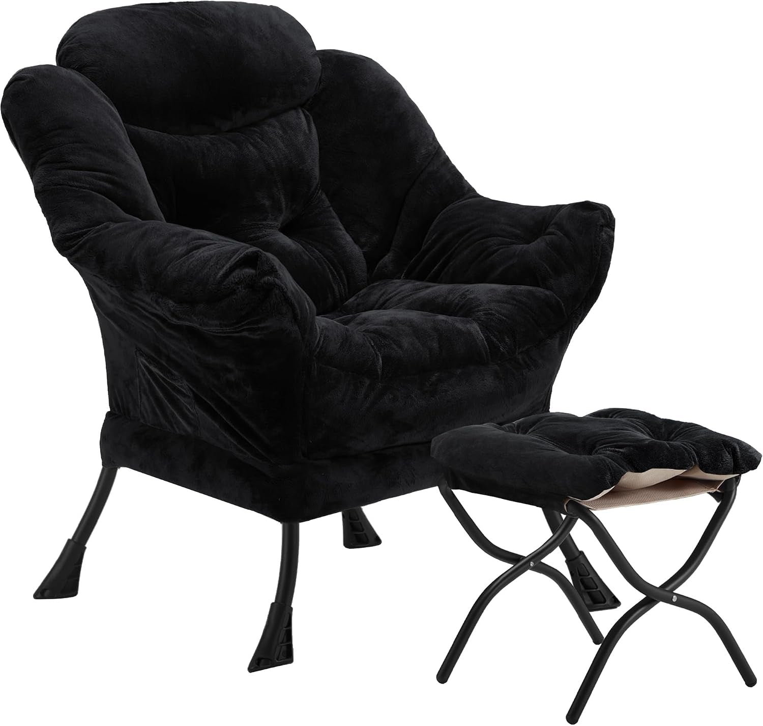 Deep black velvet lazy chair with tufted seat and a matching folding ottoman shown on white background