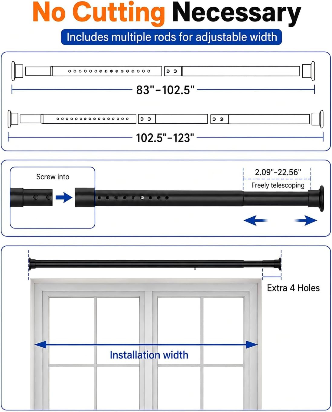 Illustrated diagram of a telescoping black tension rod showing multiple tube sections, adjustment holes and installation span