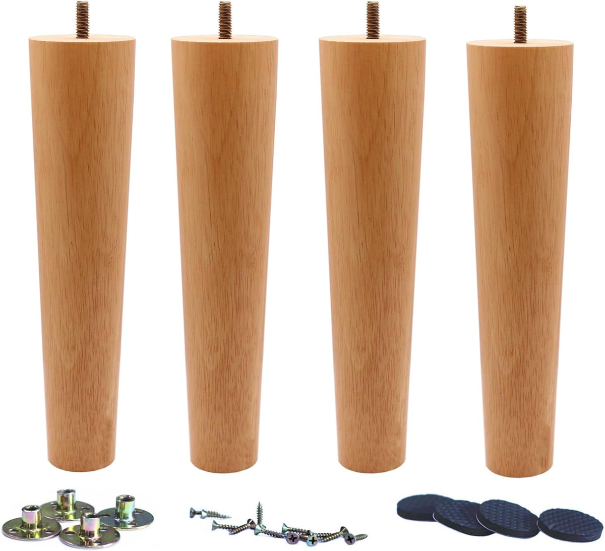 Four tapered natural wood legs standing vertically with mounting plates, screws and round felt pads shown below