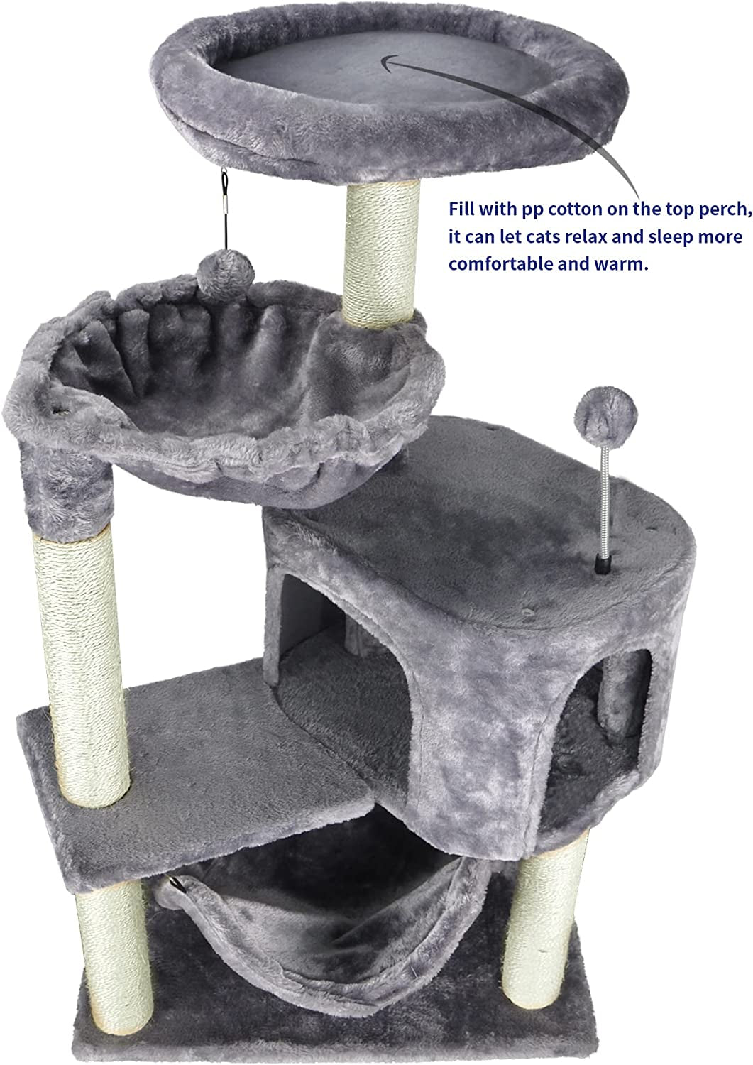 Close-up of the top perch, suspended hammock and enclosed cubby entrance on the grey plush cat tree