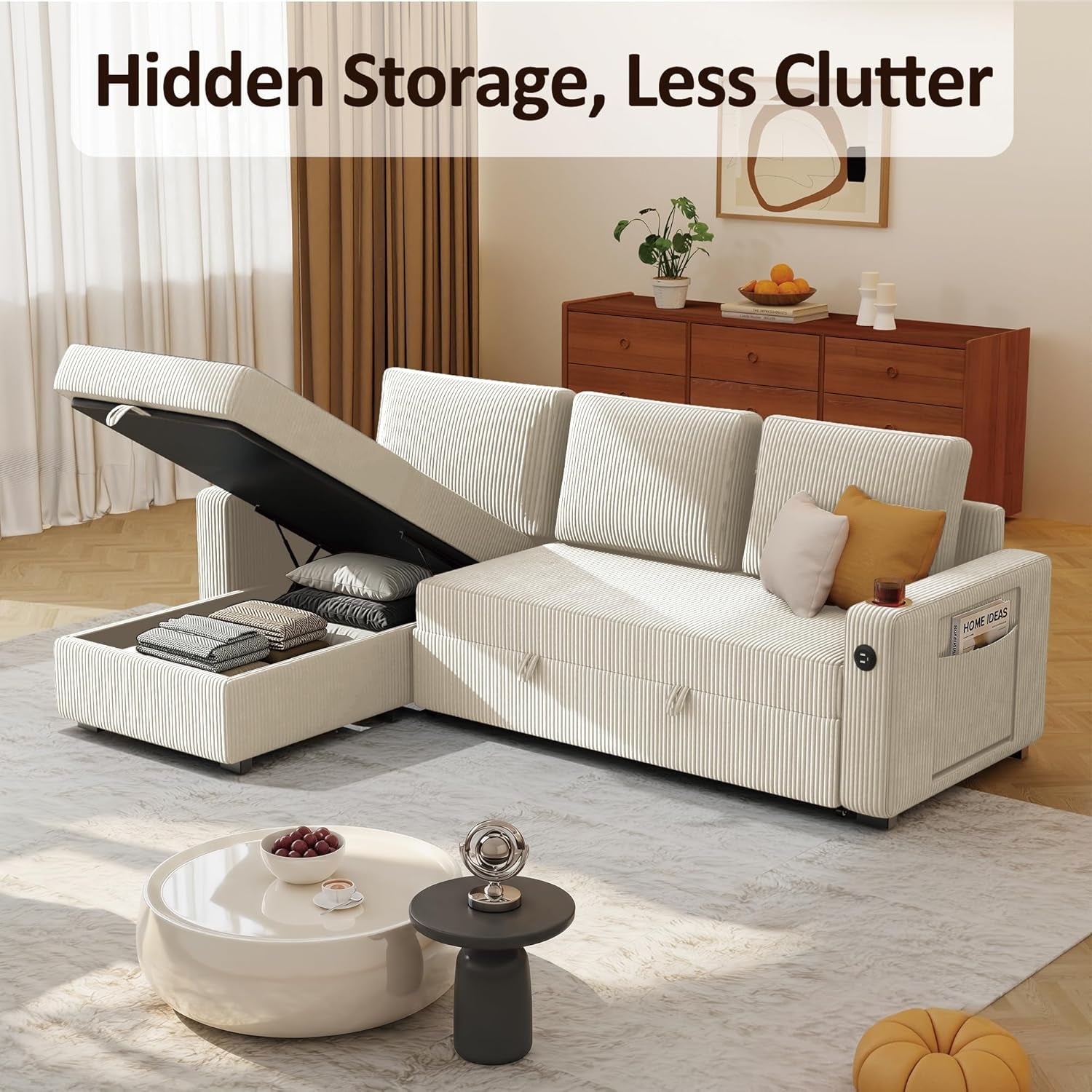 Beige corduroy sectional with chaise lifted to reveal hidden storage compartment for pillows and blankets