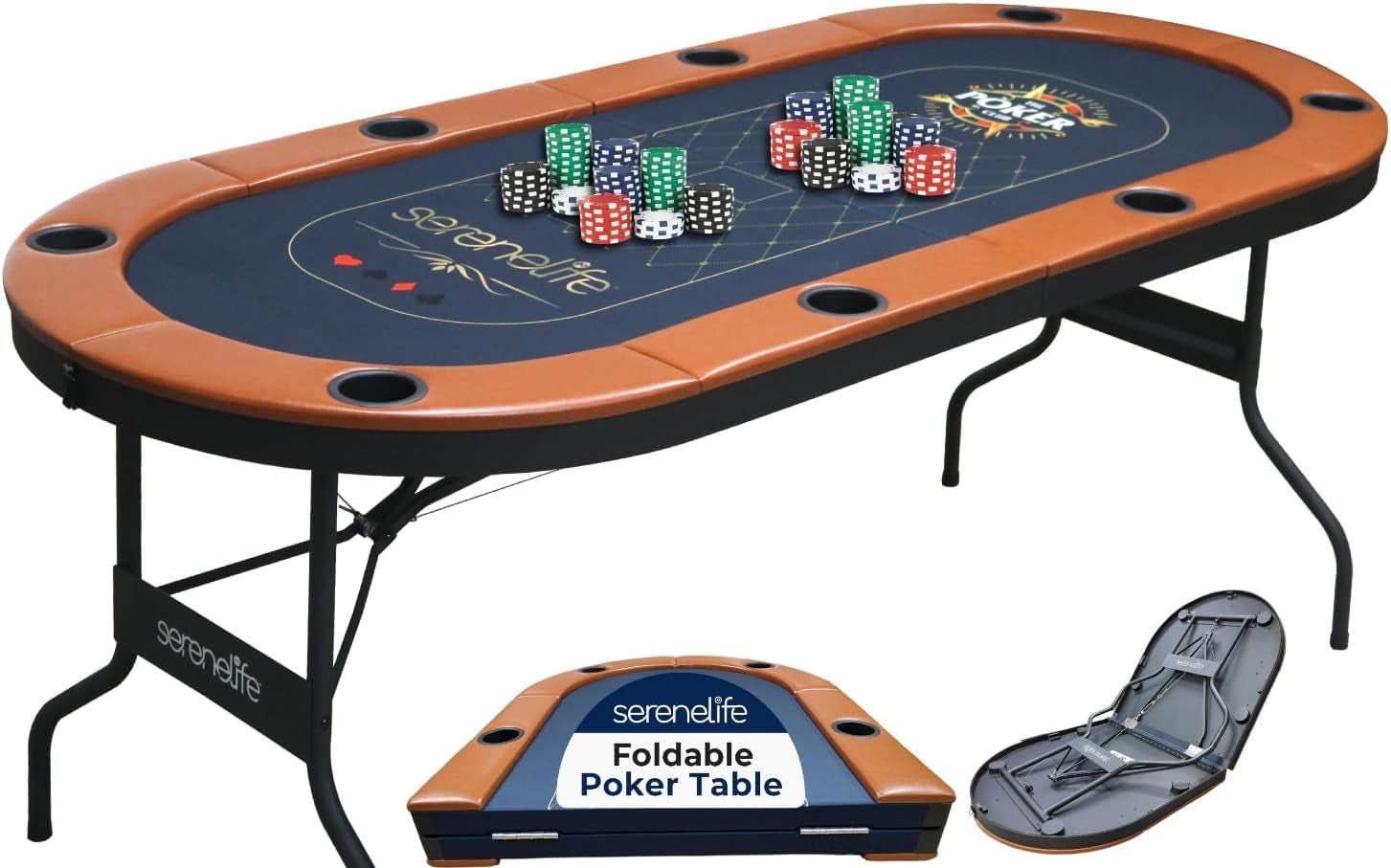 Oval 8-player poker table with brown cushioned rail and navy felt shown angled front view with chips on top