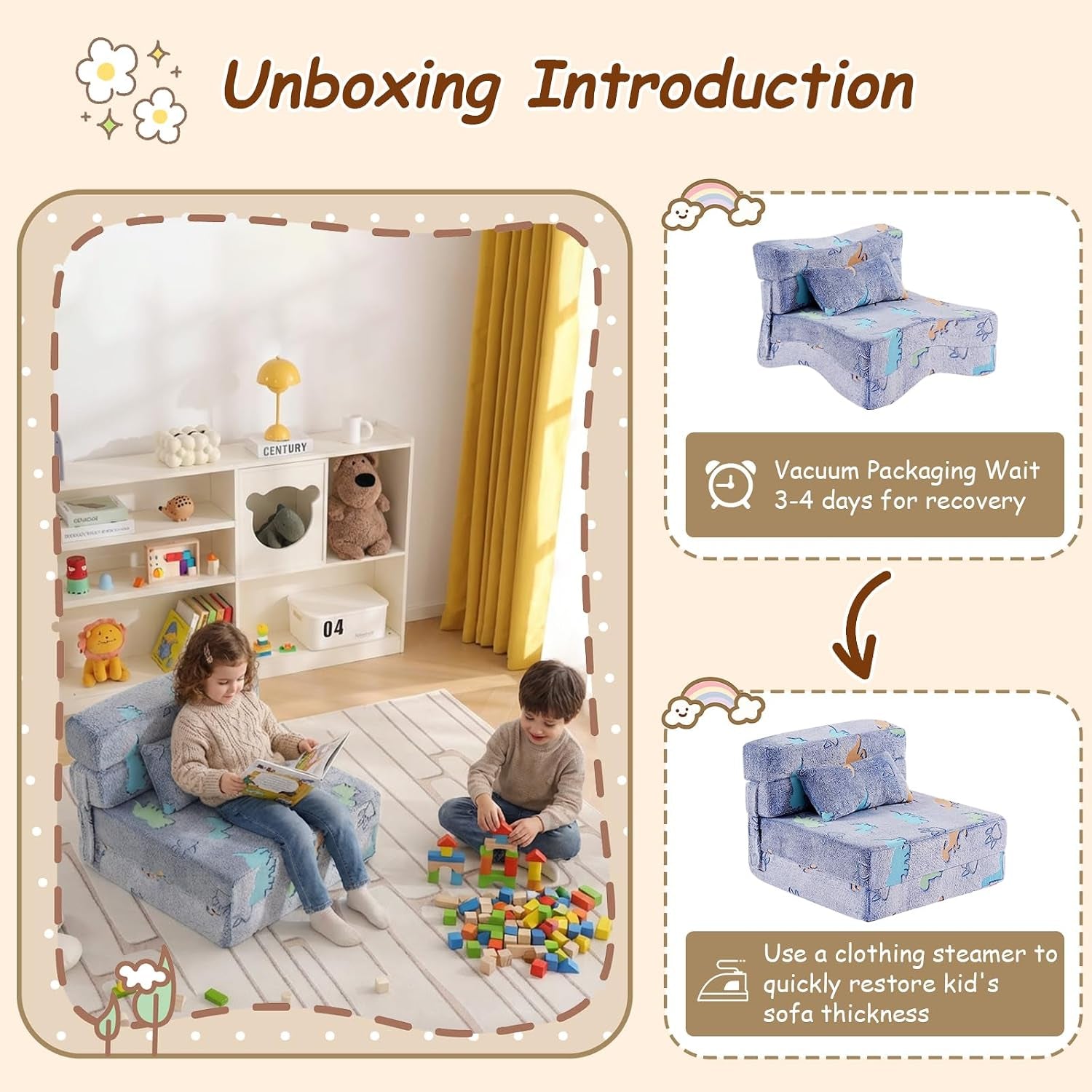 Children playing on the blue folding sofa in a playroom with smaller inset images showing packaging and setup tips