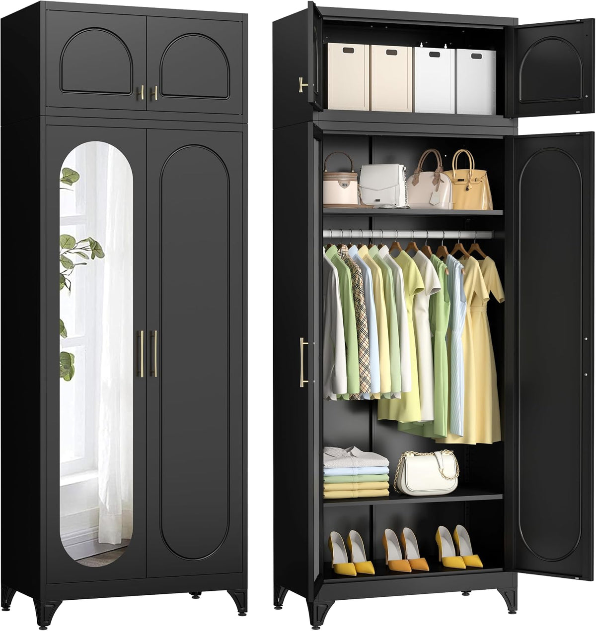 Two views of the black wardrobe: closed with full-length mirror and open showing hanging rail, shelves and shoes.