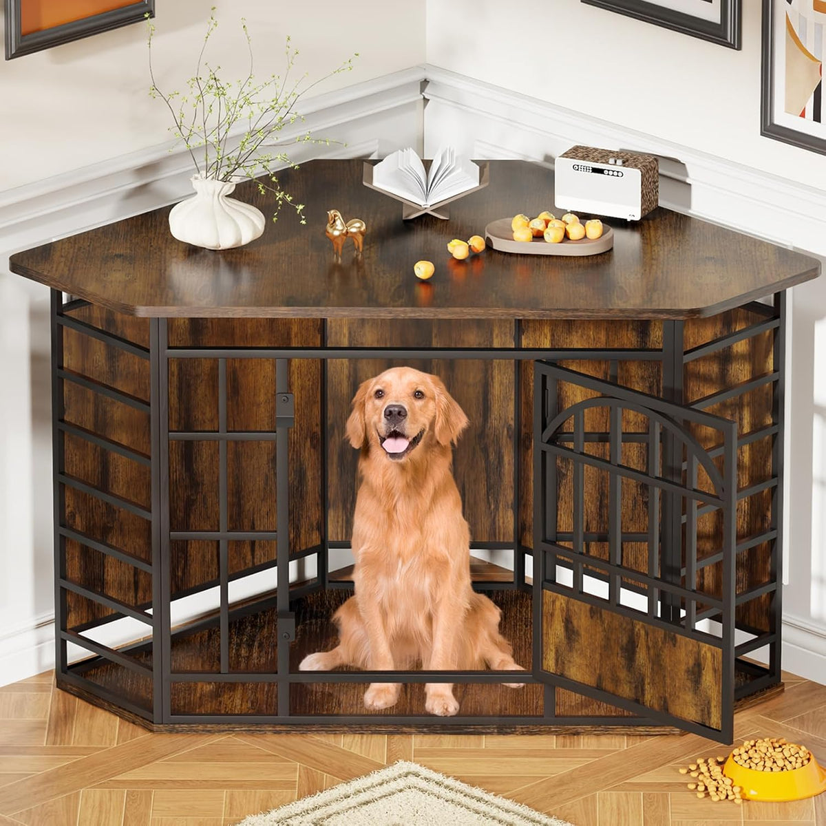 Front view of a brown wood corner dog crate with black metal bars, door open and a golden retriever sitting inside