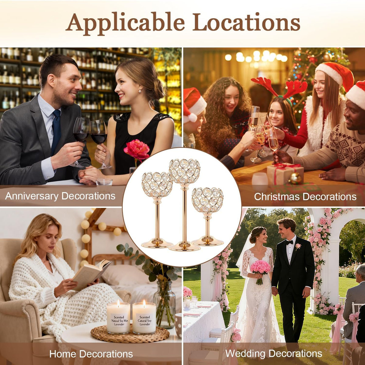 Four lifestyle scenes around a central image of gold tealight holders showing anniversary, Christmas, home and wedding uses.