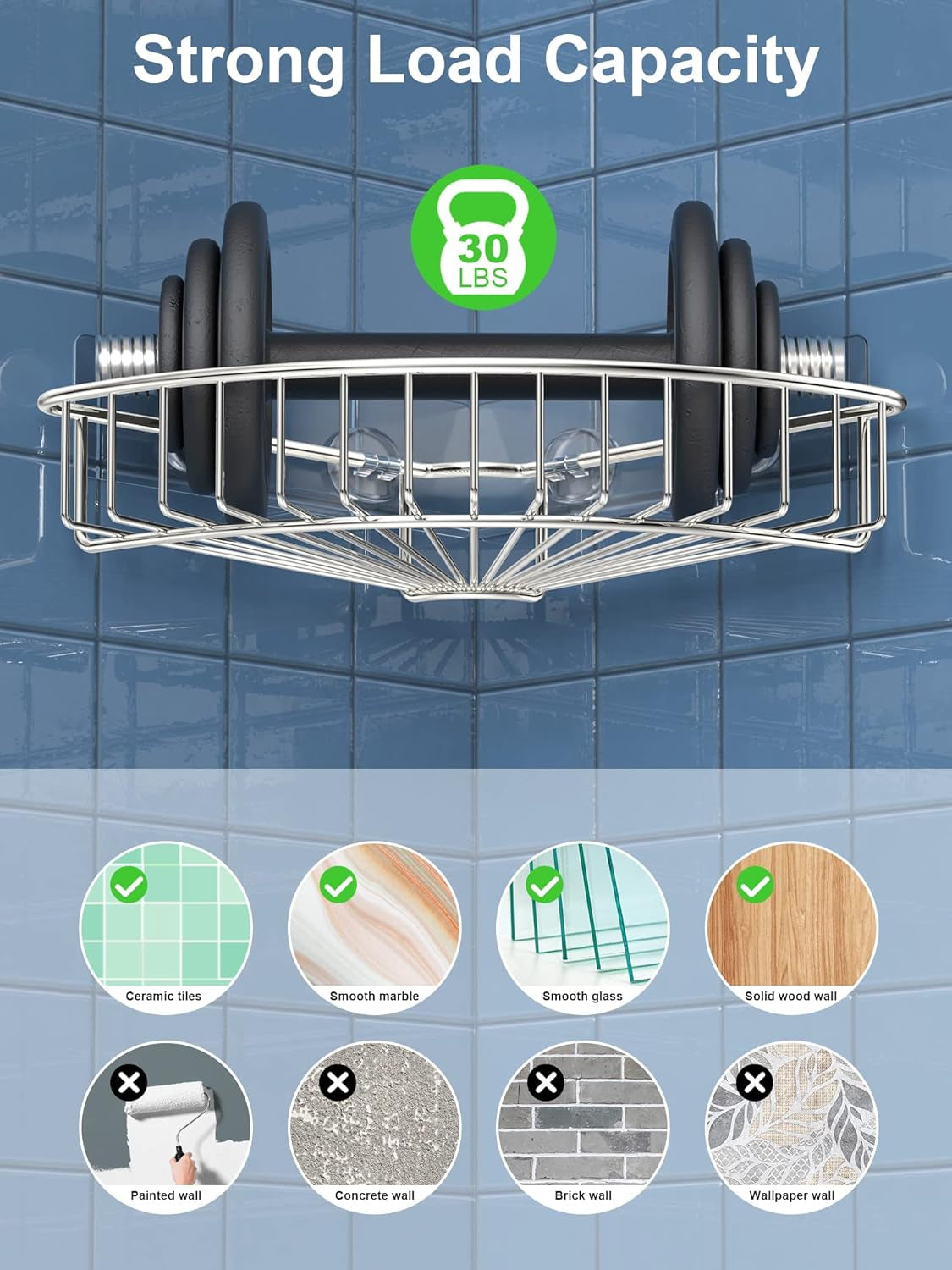 Silver corner shelf shown supporting weight with icons indicating compatibility with ceramic tile, smooth marble, glass and a