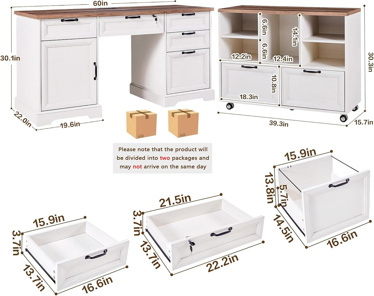 Diagram showing dimensions and drawer measurements for the 60-inch desk and the mobile file cabinet