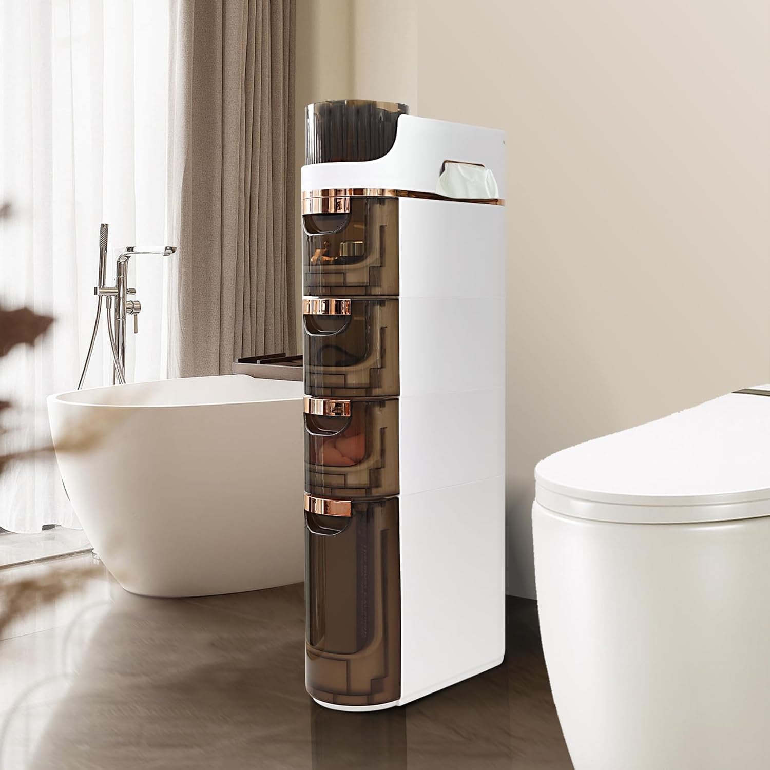 Slim white bathroom storage cabinet with tinted pull-out drawers, angled front view beside bathtub and toilet