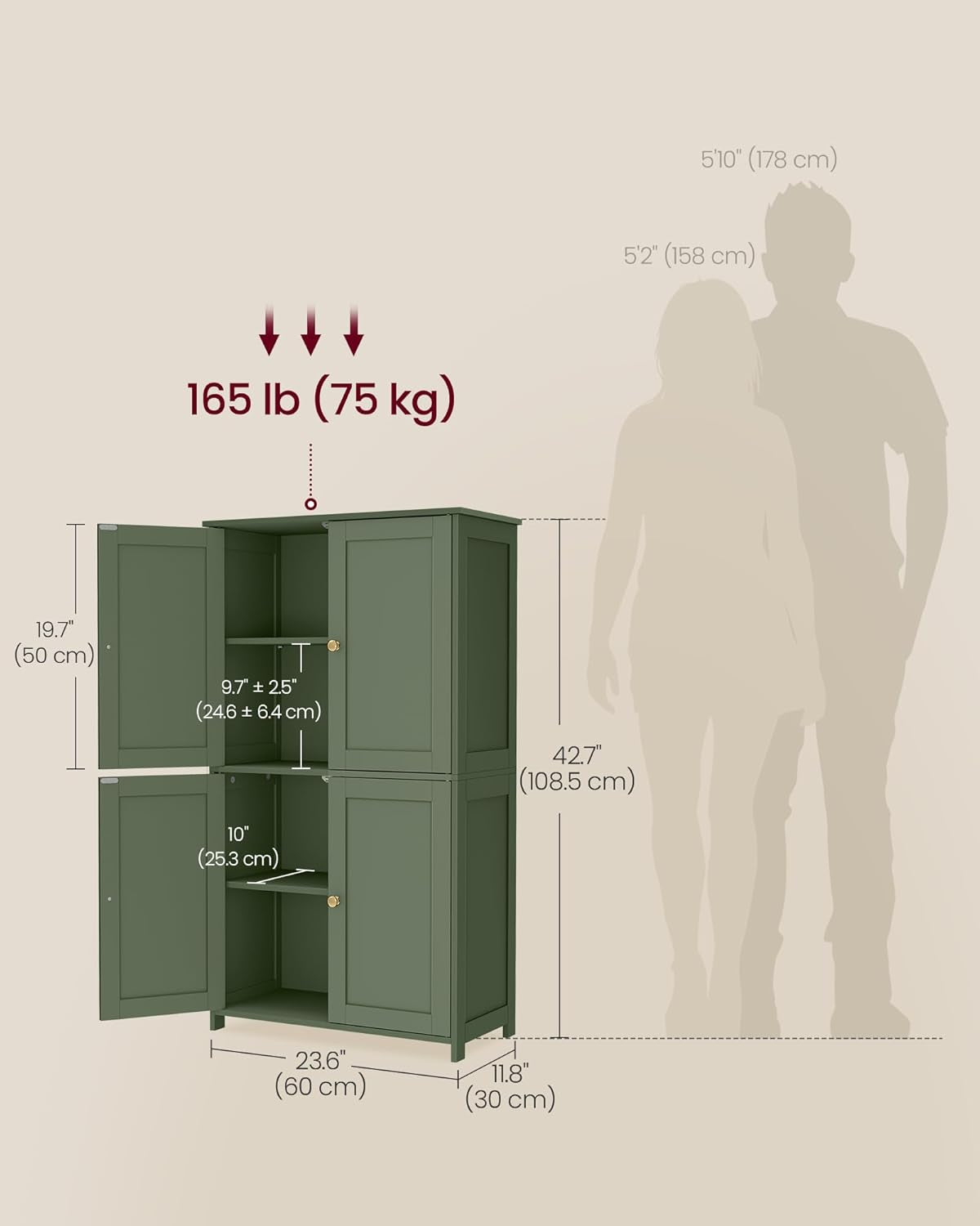 Forest green cabinet dimension diagram showing overall size 23.6" W x 11.8" D x 42.7" H and a 165 lb total load graphic