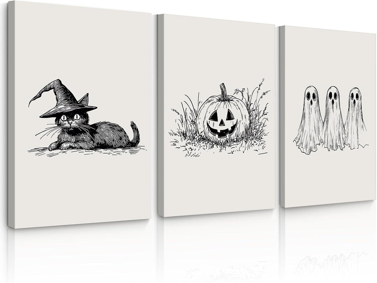 Three vertical canvases side-by-side with black sketch illustrations: a cat in a witch hat, a jack-o'-lantern, and three