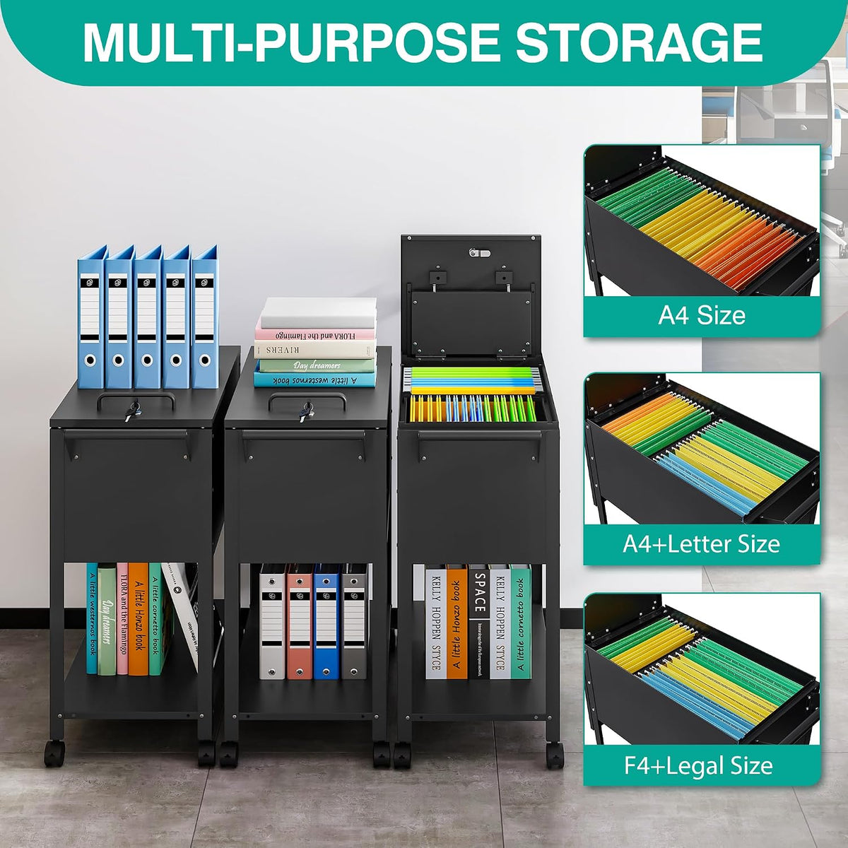 Three black rolling file carts displayed with callouts showing compatibility with A4, A4+Letter and F4+Legal hanging files