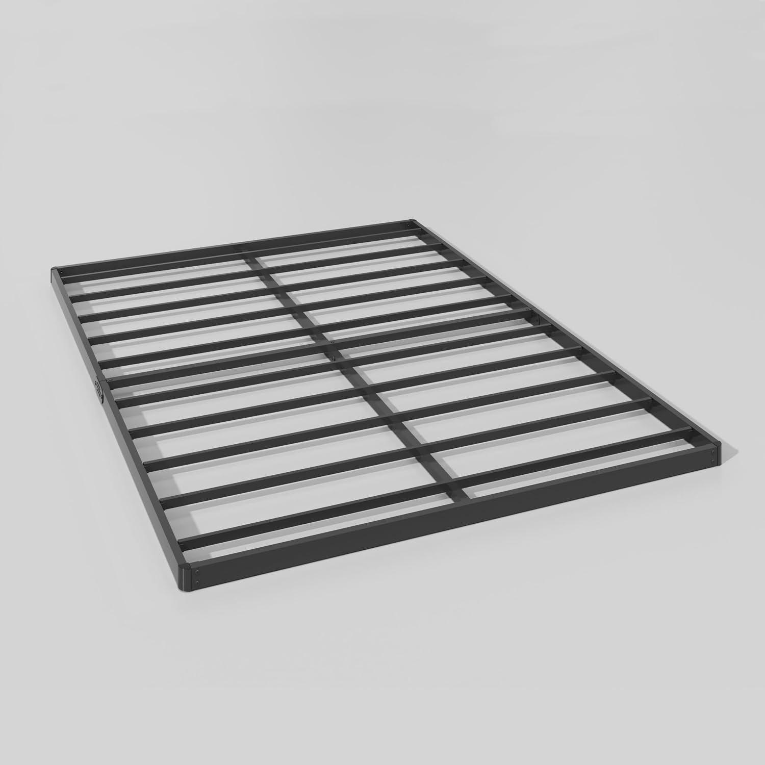 Low-angle perspective of the flat black metal slatted platform on a neutral background.