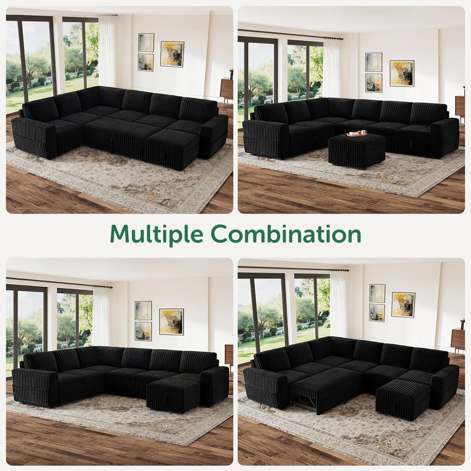 Modular Sectional Sleeper Sofa with Pull Out Bed,Corduroy U Shaped Couch with Storage, Sectional Couches for Living Room,Black
