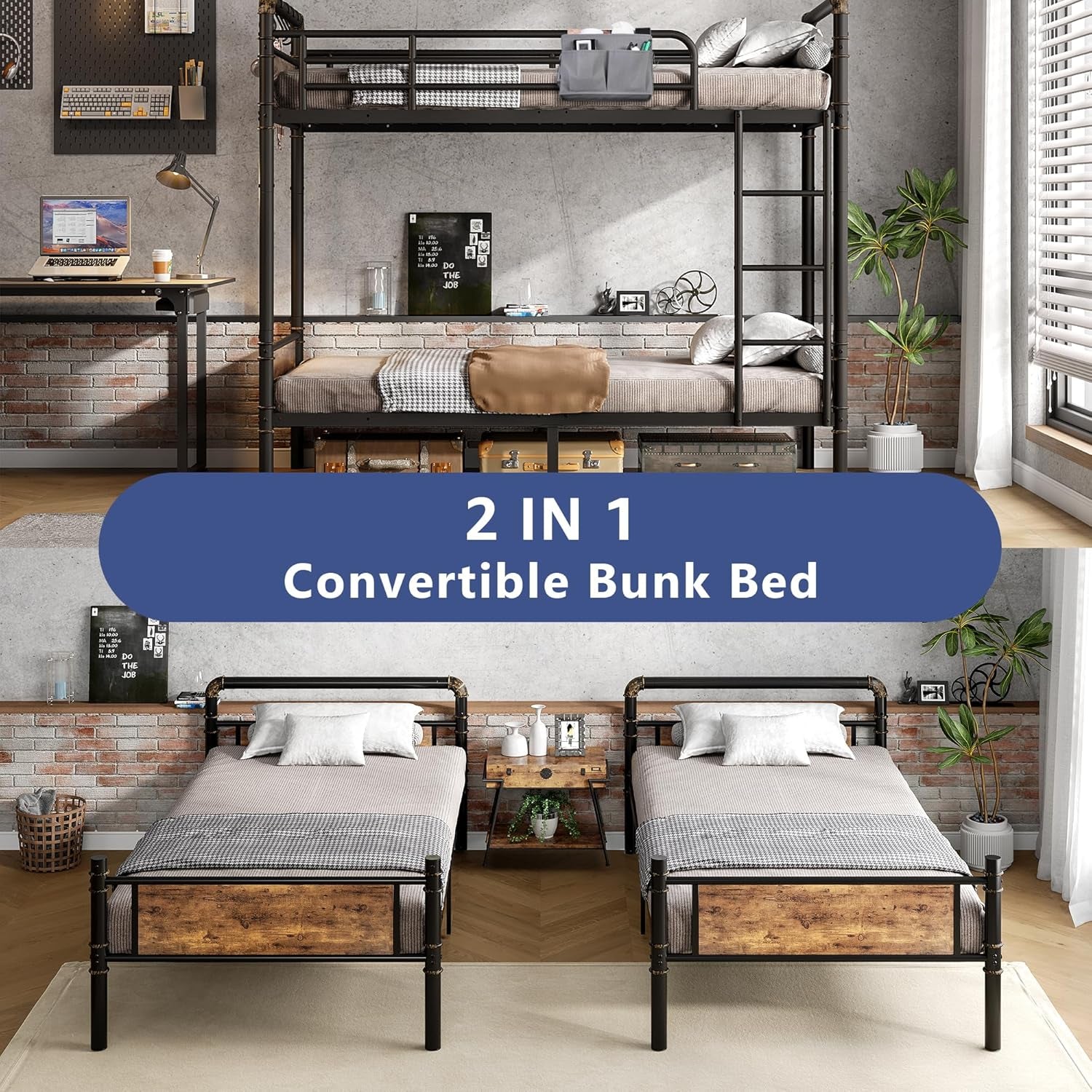 Top: bunk bed set up; bottom: two separate single beds shown as convertible option