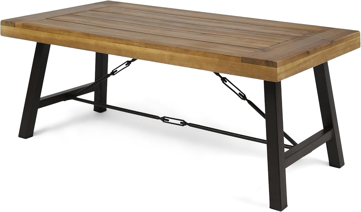 Angled view of the wood tabletop with black powder-coated legs and diagonal chain-link braces beneath the table.