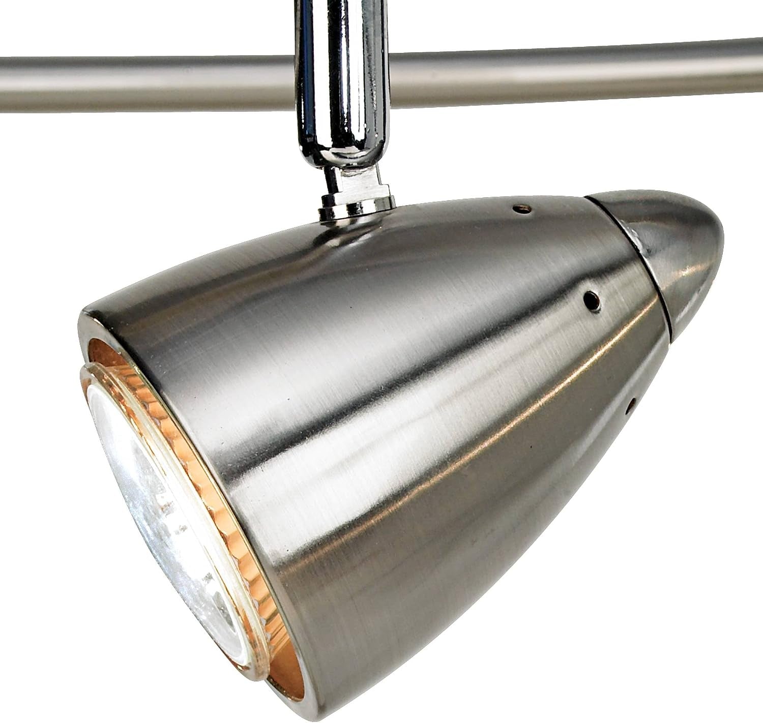 Close-up of brushed nickel cone lamp head showing GU10 bulb and swivel connector
