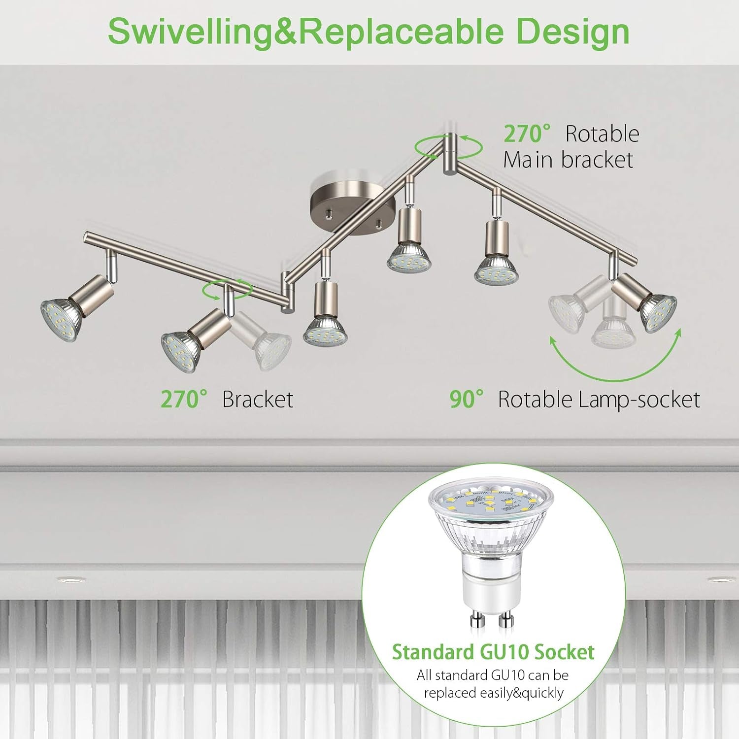 Diagram showing 270° horizontal and 90° vertical rotation of track heads and a GU10 bulb
