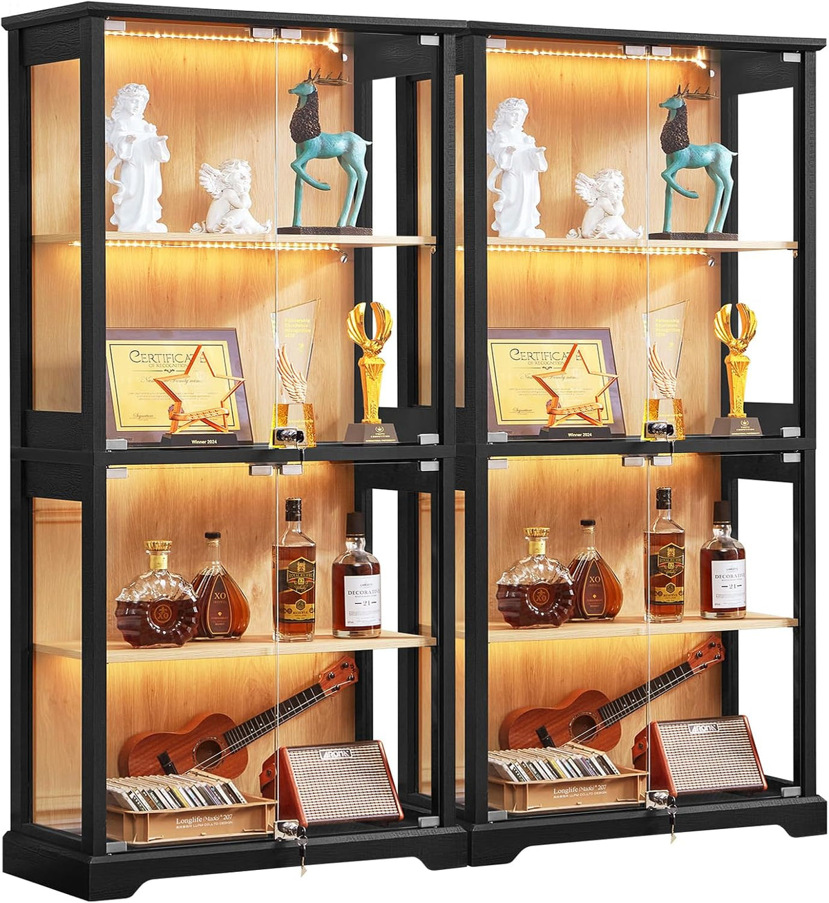 Two black display cabinet modules placed side by side, glass doors locked and shelves illuminated.