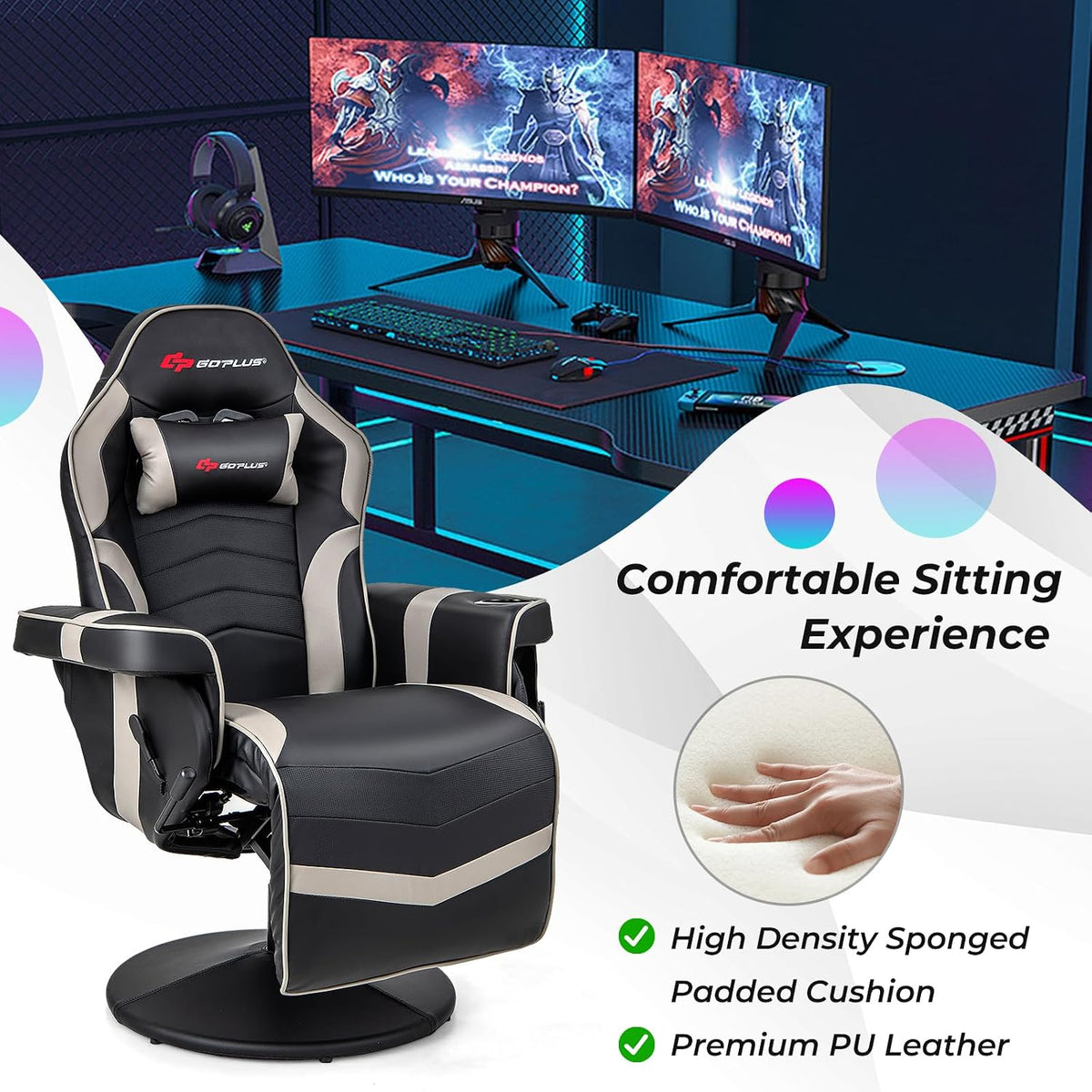 Black and gray gaming chair positioned in front of a dual-monitor gaming desk in a blue-lit room.