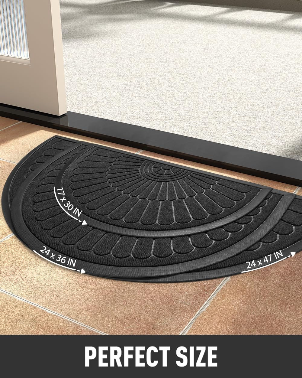 Three semicircular mats in black arranged at a tile threshold showing 17x30, 24x36 and 24x47 size markings