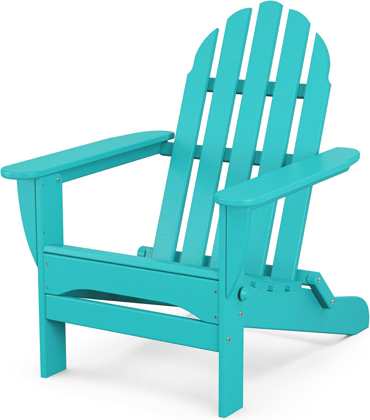 Turquoise Adirondack chair on white background showing textured finish and curved top slats.