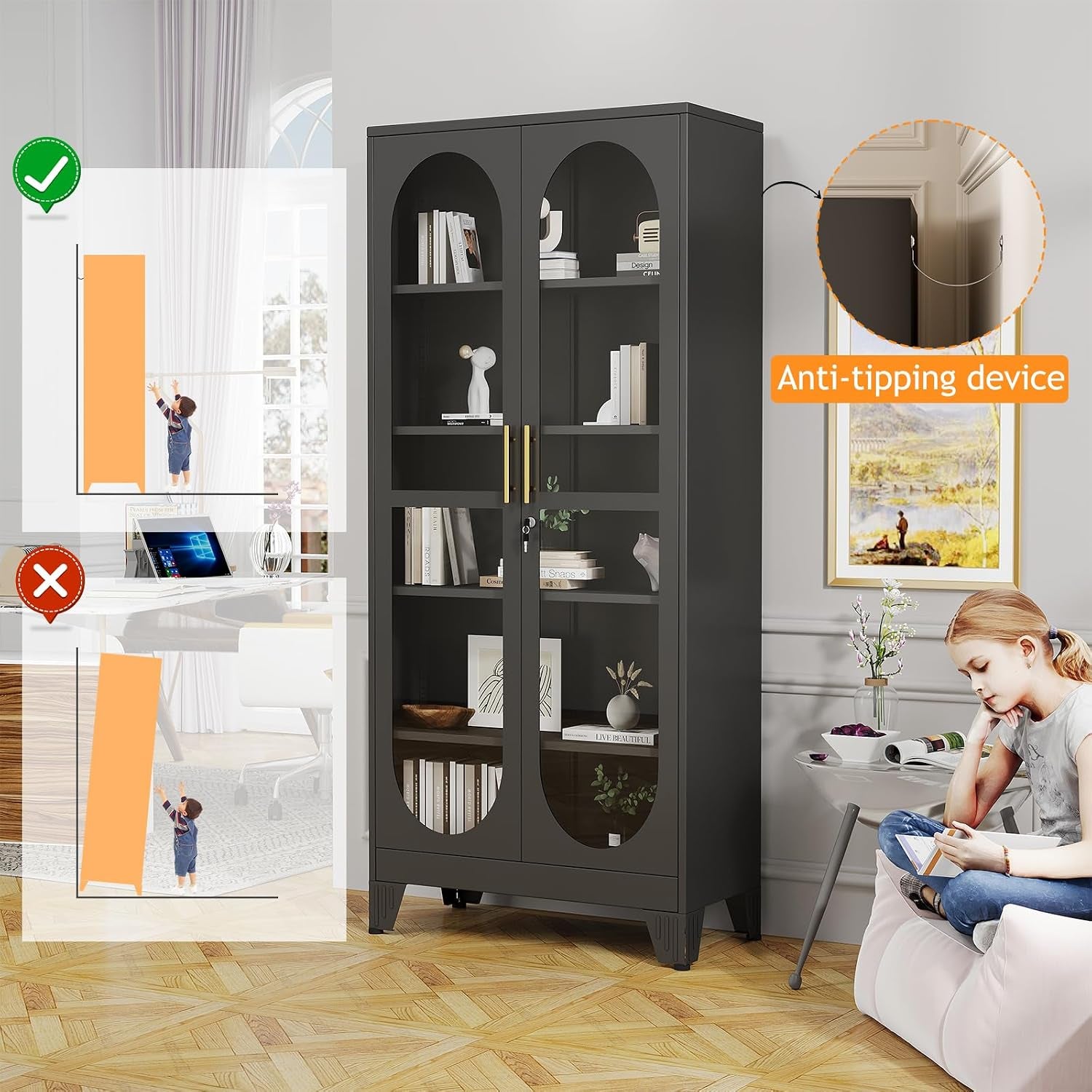 Black display cabinet in a room with inset circle highlighting an anti‑tipping strap and a child sitting nearby reading.