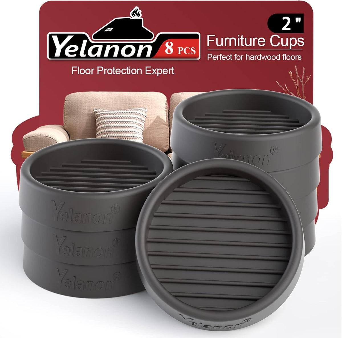 Stacked dark-gray round ribbed silicone furniture cups shown beside one tilted forward on a white surface with a red