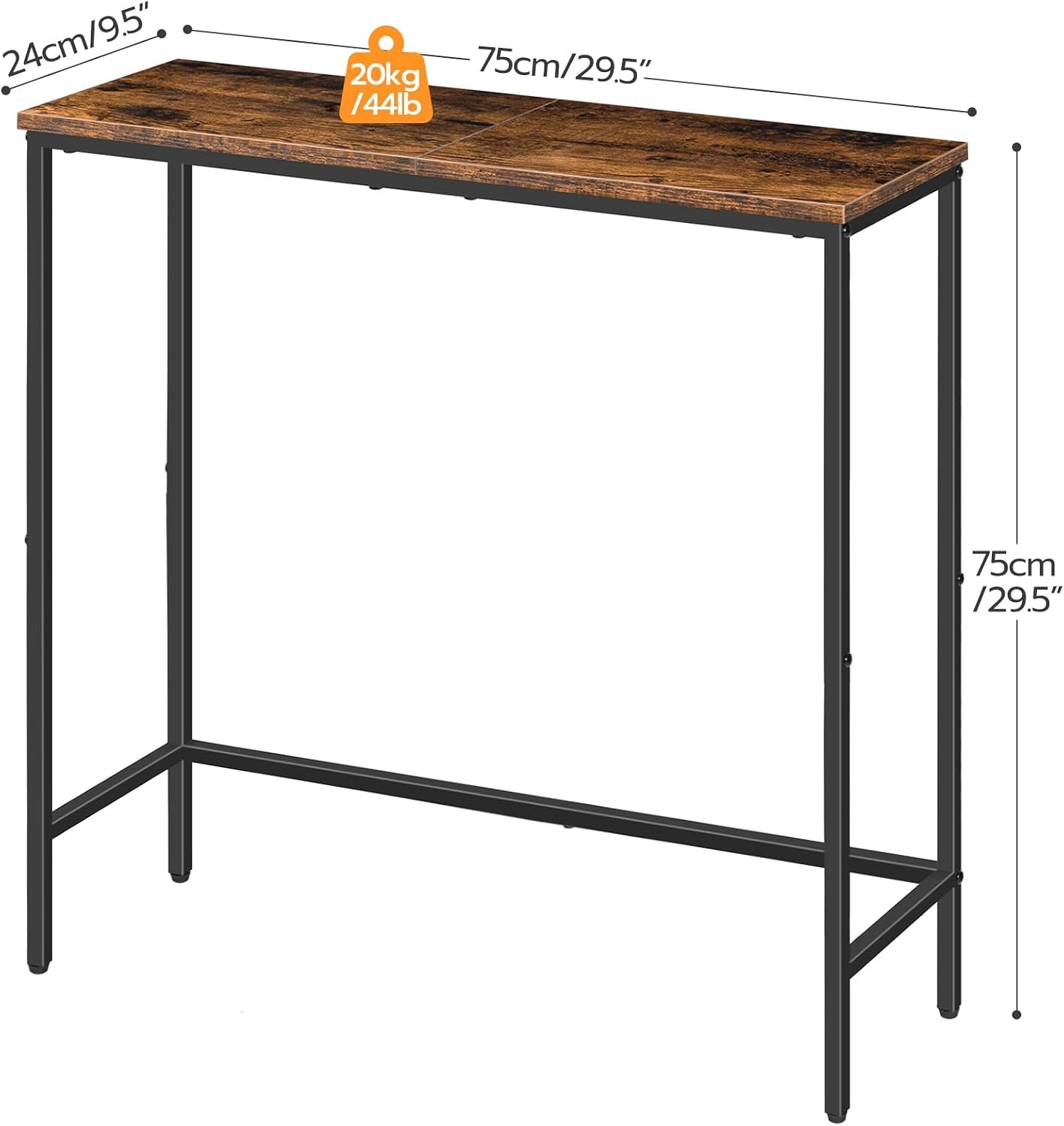 Diagram view showing table dimensions 29.5" long, 9.5" wide and 29.5" high with load capacity callout