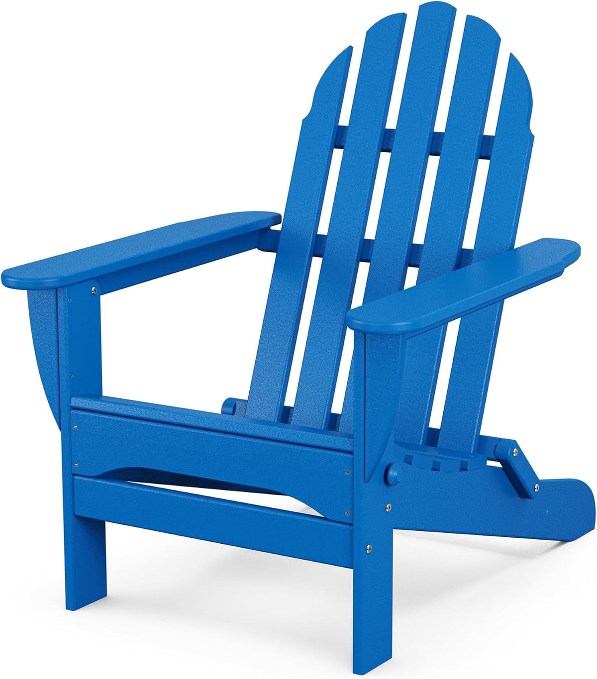 Close angled view of a bright blue Adirondack chair showing the slatted back, armrest, and seat rail joint.