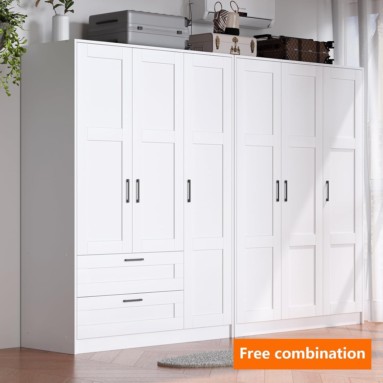 Two white freestanding wardrobes placed side-by-side to show modular independent cabinet combination in a room